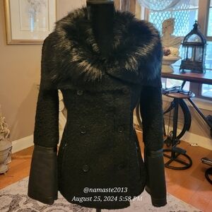 Bebe Faux Fur Collar Jacket Faux Wool Faux Suede Winter Designer Celebrity #59